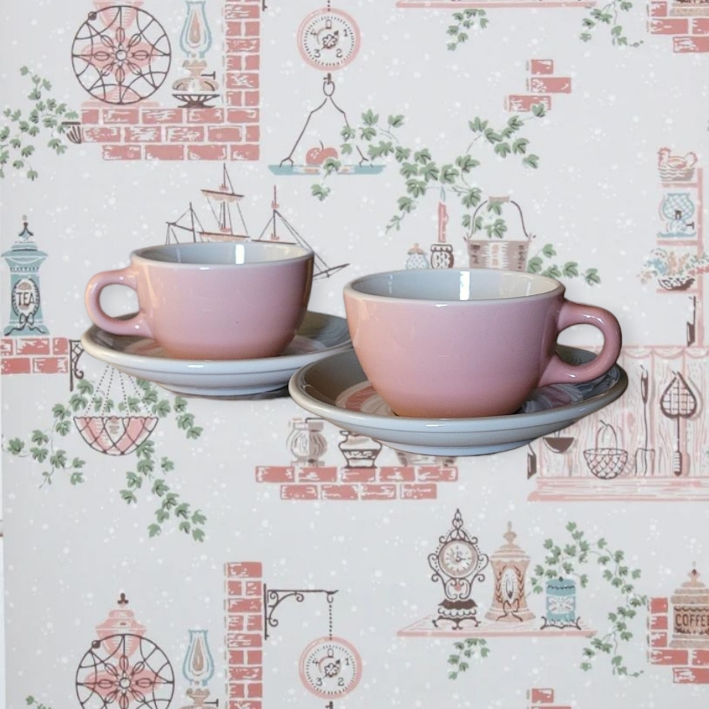 Vintage Shenango China Restaurant Ware Gray Pink Bands Set of 2 Cups & Saucers